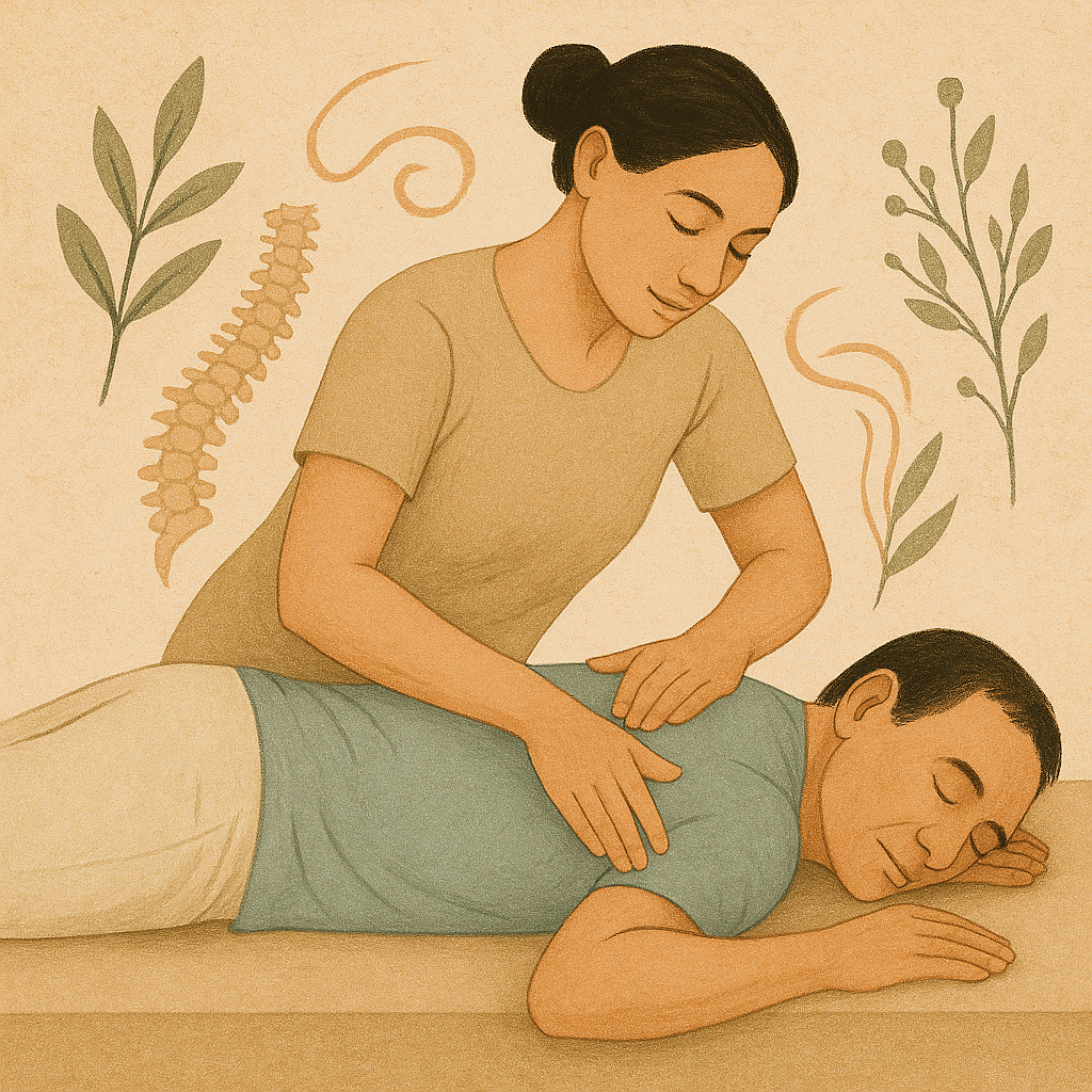 Create another image inspired by reboutement and osteopathy emphasizing the gentle manipulations and holistic care approach in a serene and natural setting